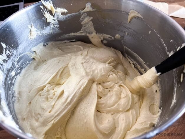 Fully mixed coconut cake batter, smooth and ready for baking.