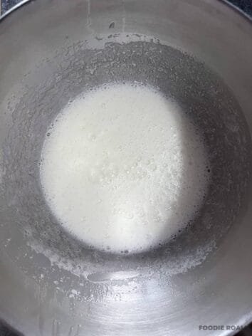 Egg whites and sugar mixture heated over a bain-marie until smooth and glossy.